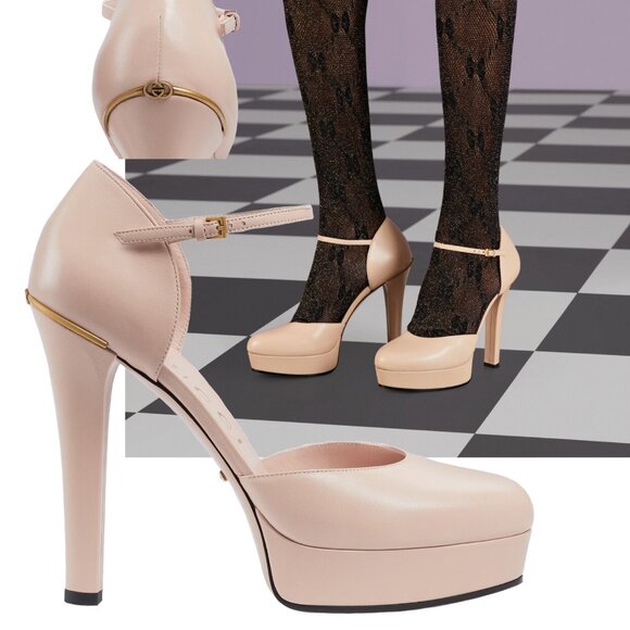 GUCCI SHOES PUMPS PINK LEATHER GG LOGO PLATFORM HIGH HEEL sz 40 10 - Picture 1 of 16
